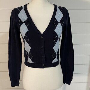 Brandy Melville Argyle Knit Cardigan in navy blue, light blue, and white - OS/S